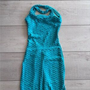 Love University Spandex Textured Bodycon Turquoise Halter Jumpsuit Y2K Size M
